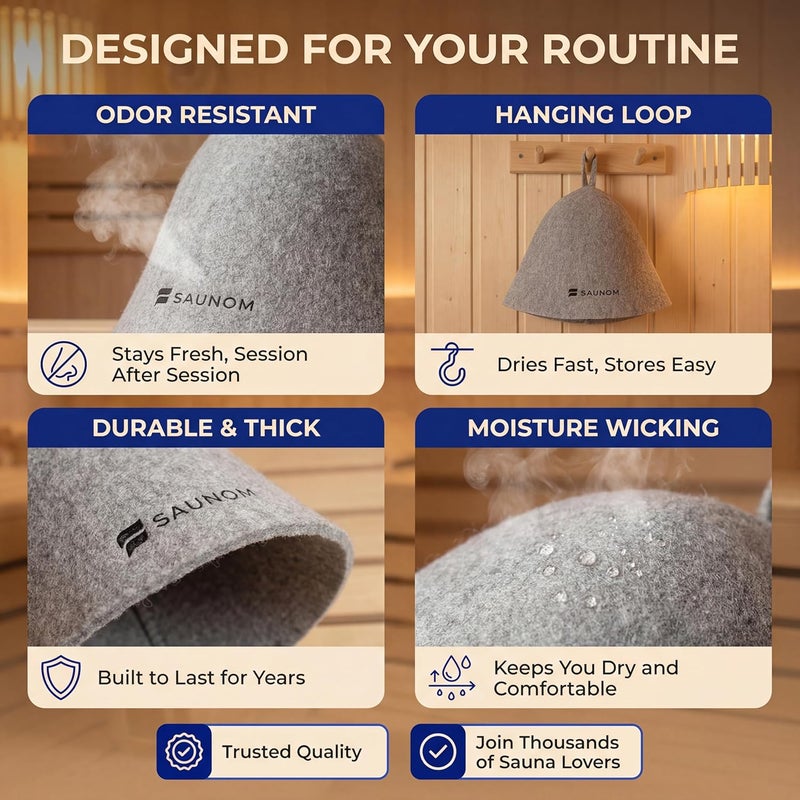SUNOOM Wool Sauna Hat for Men and Women (2 Pack) — 100% Natural Wool — Breathable, Itch-Free and Odor Resistant Sauna Cap — Ideal Banya Hat for Men White - Image 5